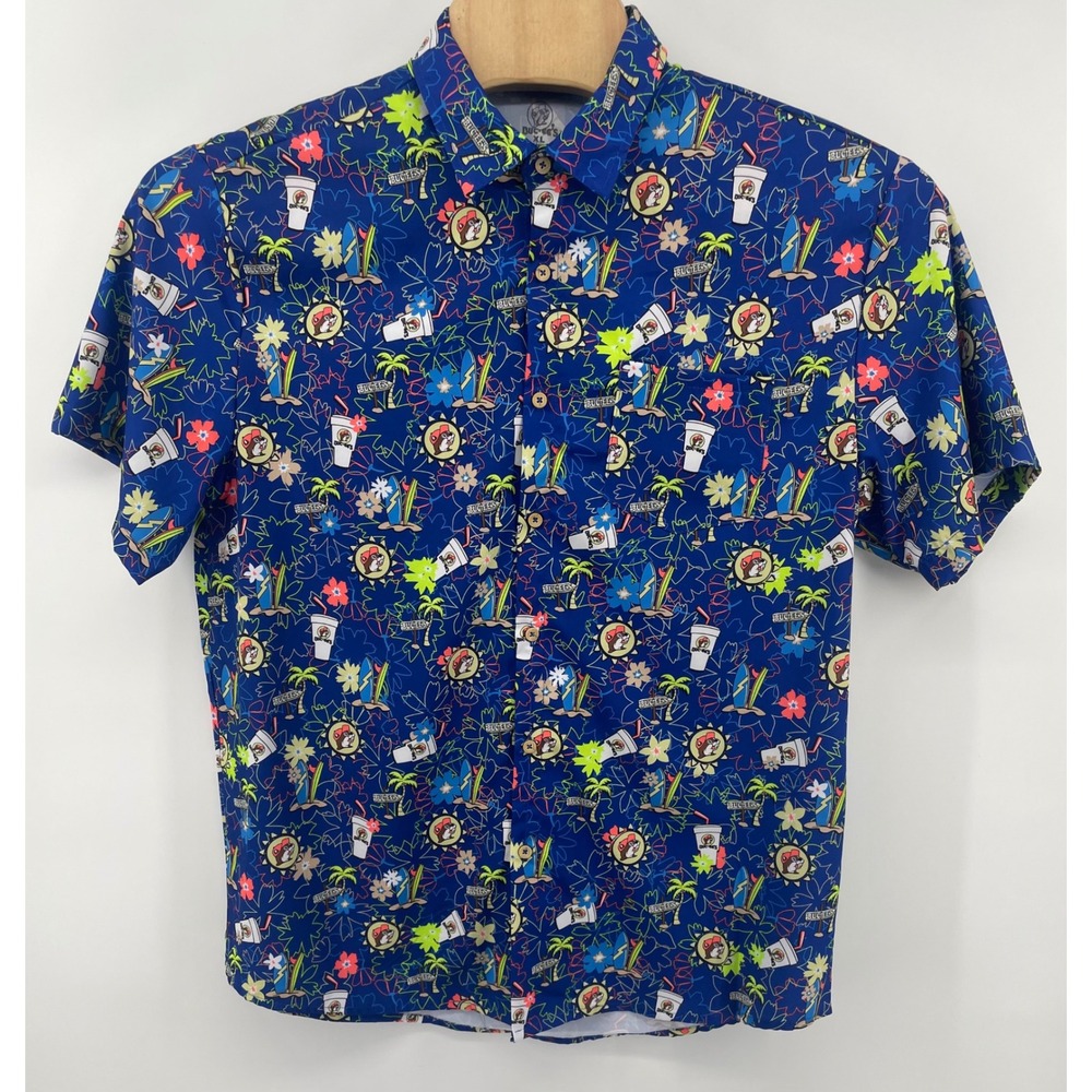 Buc-ee's Button Up Shirt Mens XL Blue Tropical Surfboard Hawaiian Short Sleeve